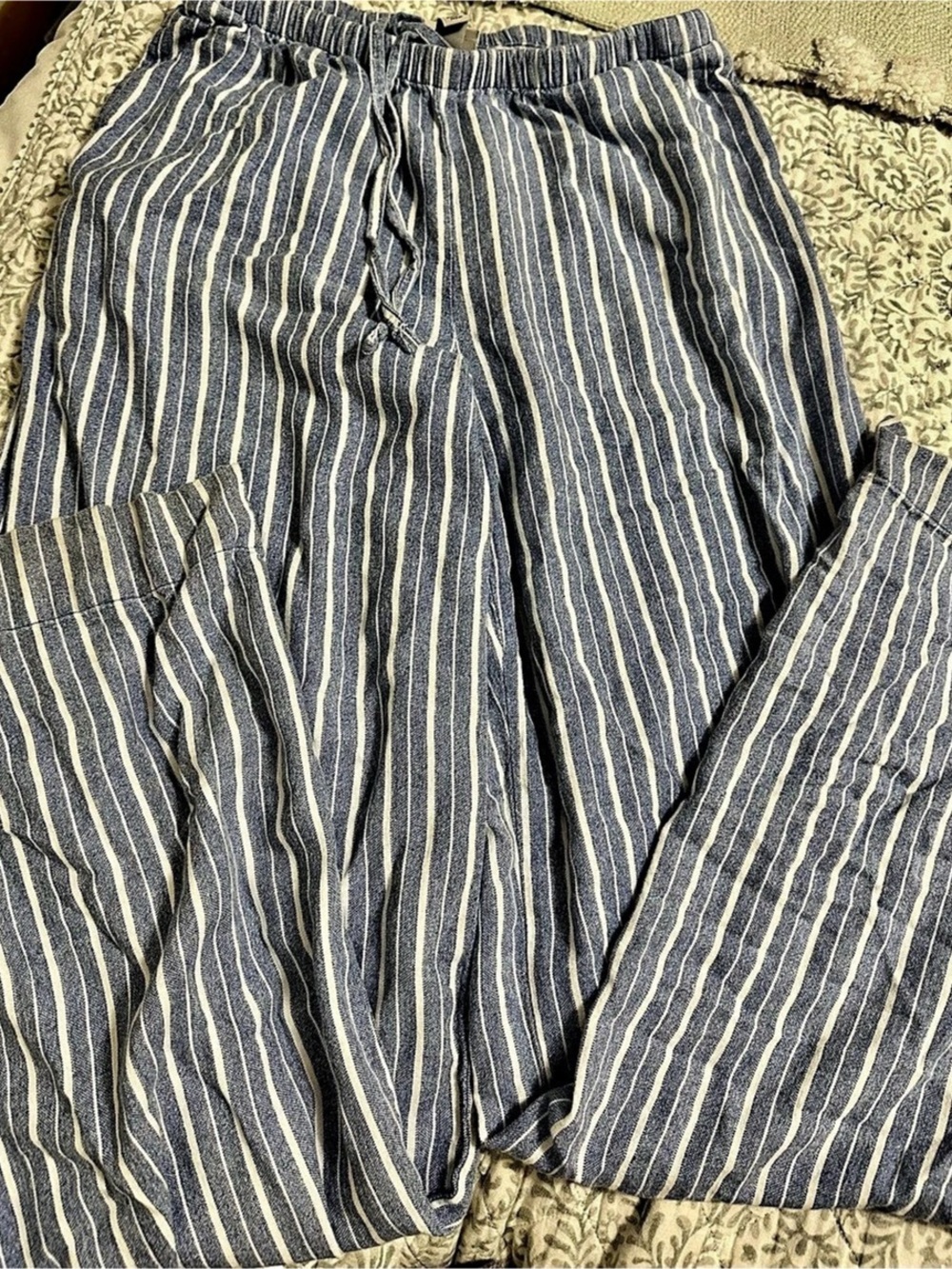 a new day Linen Blend Striped Wide Leg Drawstring Pants Blue & White XS